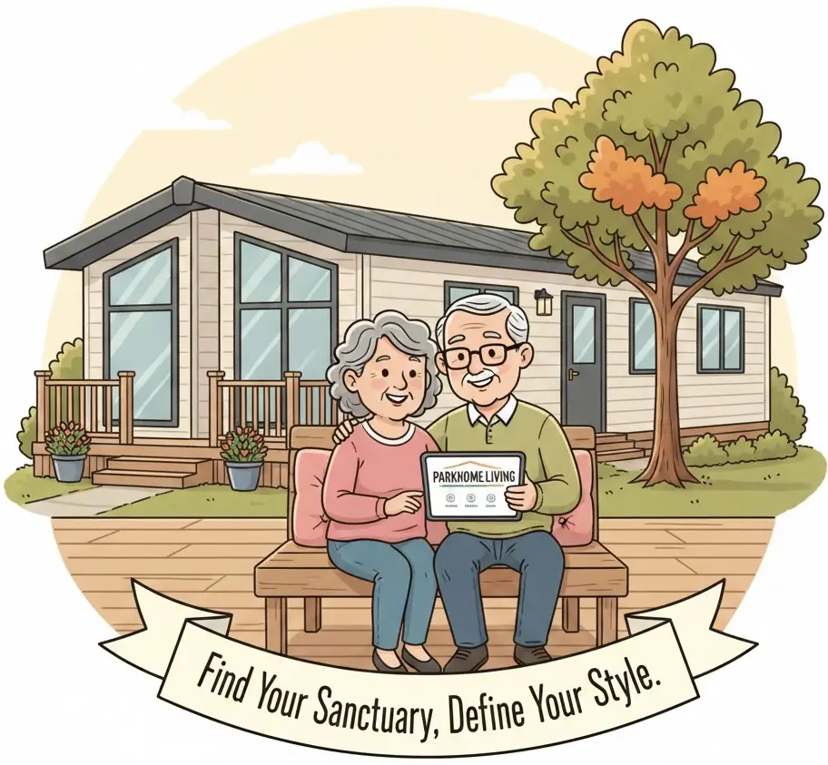 Find your Sanctuary, define your style. motto on couple sat outside a park home smiling