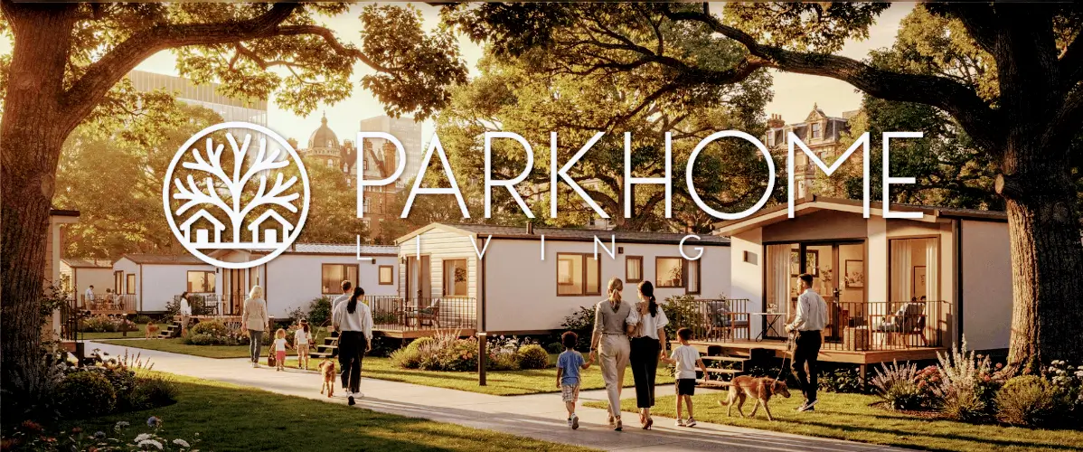 Stylish open-plan living area in a residential park home featuring vaulted ceilings and modern interior design.